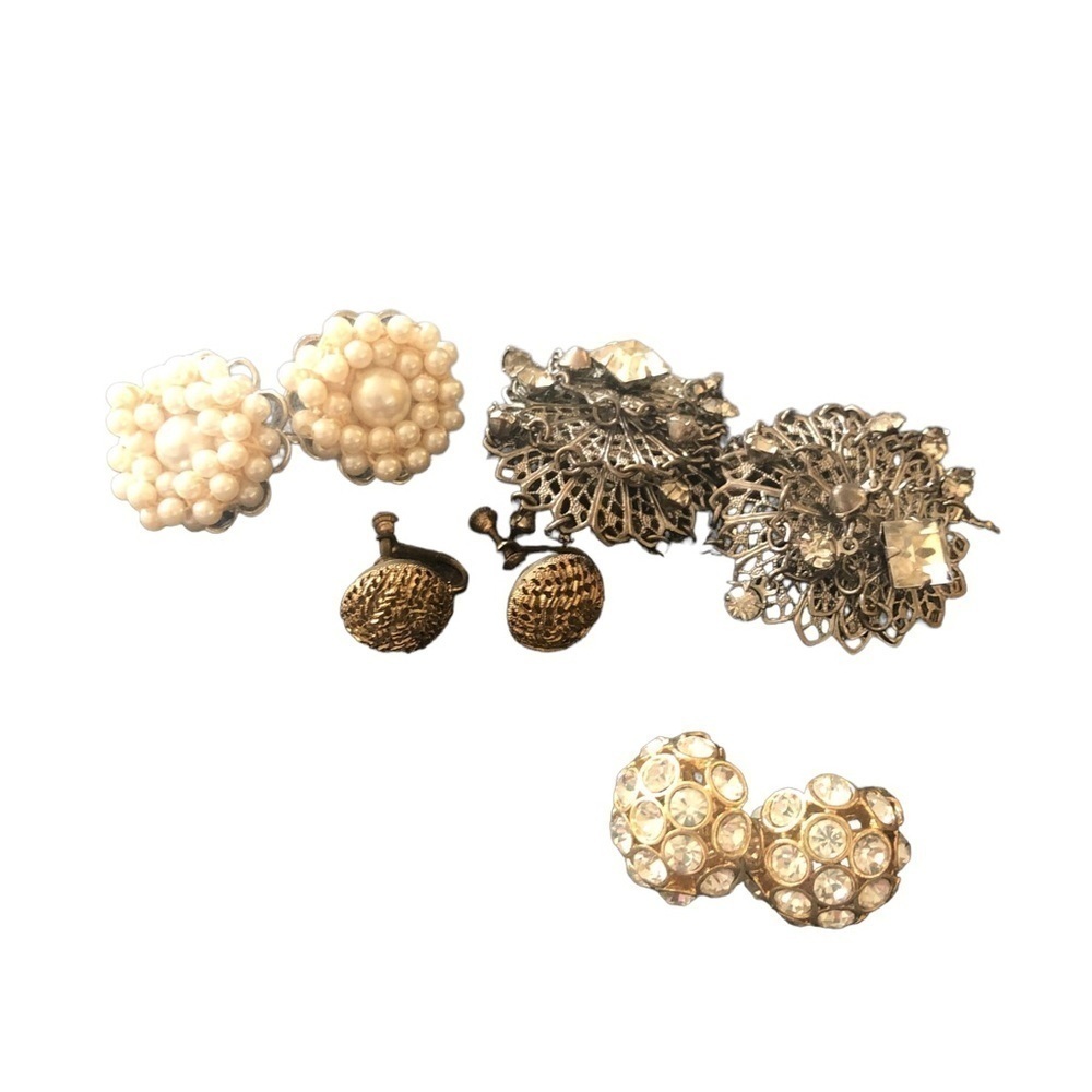 Vintage 4 Pair Clip On Earrings/Screw On Faux Pearl CZ Rhinestone Summer Fashion